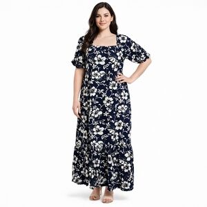 Hilo Hatties Maxi Hawaiian Muu Muu Dress Medium Blue Cream Hibiscus Never Worn